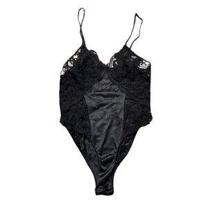 70s Vintage Lace and Nylon Black Bodysuit Teddy Medium